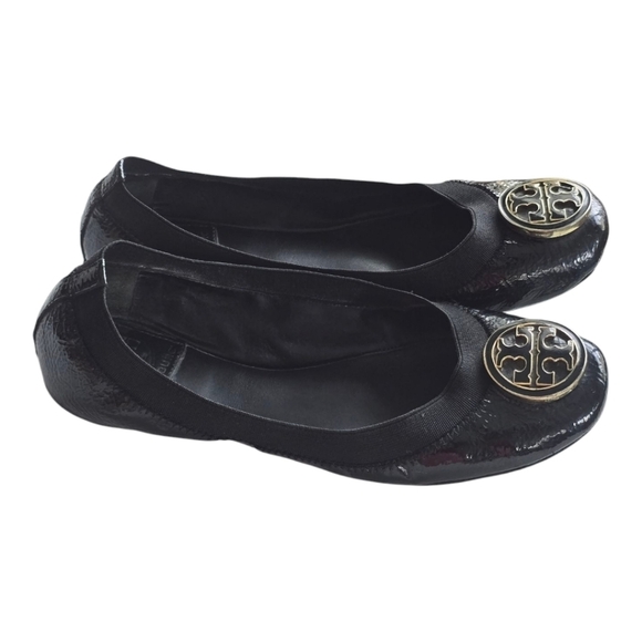 Tory Burch Caroline Ballet Flats 6M Black Women Naplak Elastic Patent Leather - Picture 2 of 14
